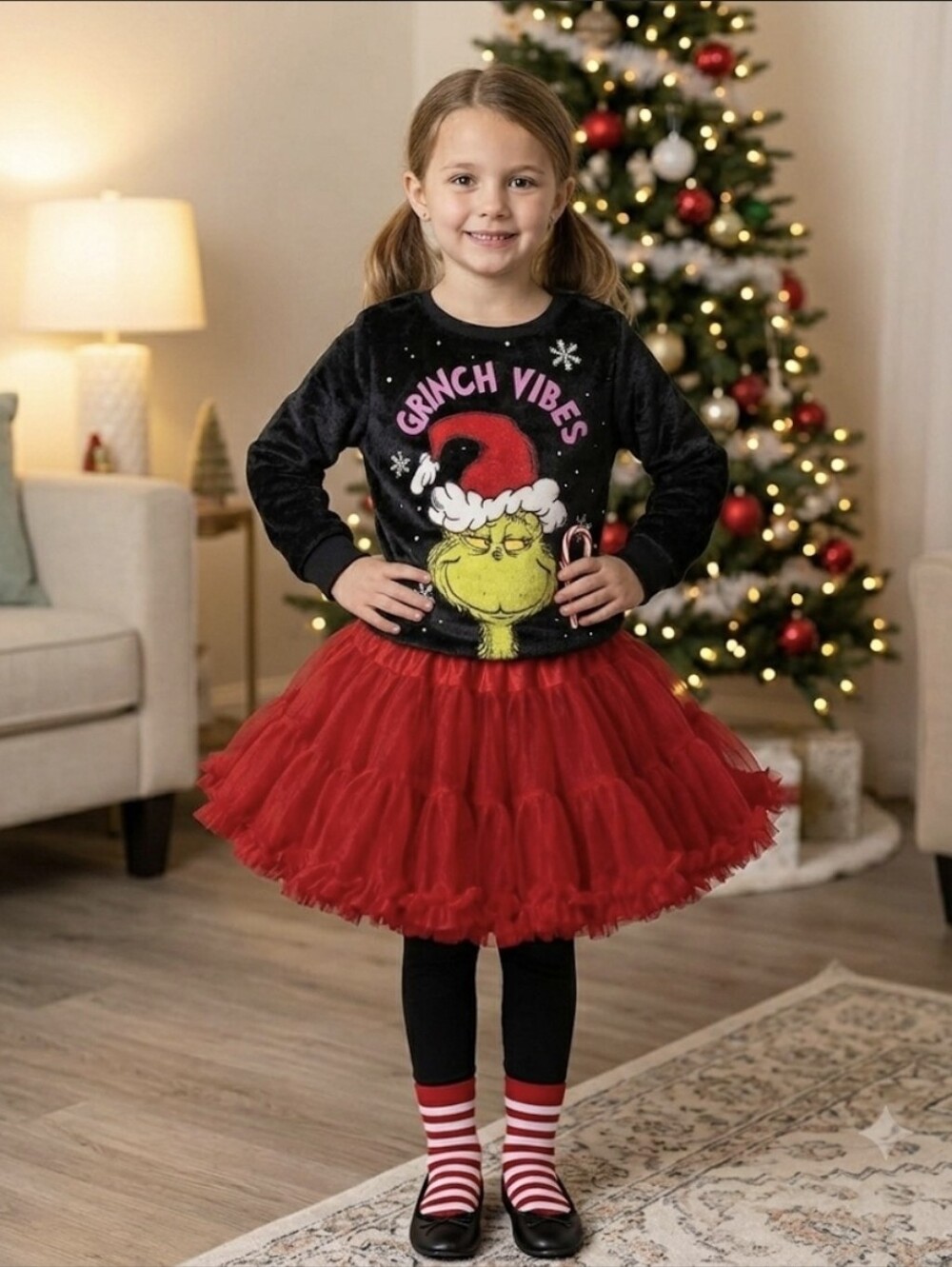 Grinch Vibes Kid's Fuzzy Sweater Girl's Large Like New